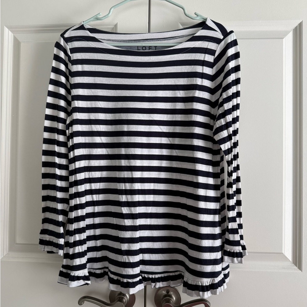 LOFT Navy and White Striped Blouse